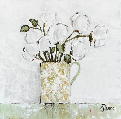 Still Life white roses in ceramic vase..