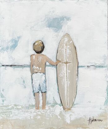 Coastal painting of a young surfer watching the waves.