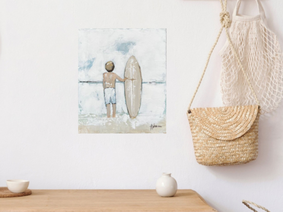 Coastal painting of a young surfer watching the waves.