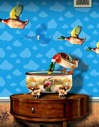 A flying porcelain duck leaves the wall to drink from a table vase