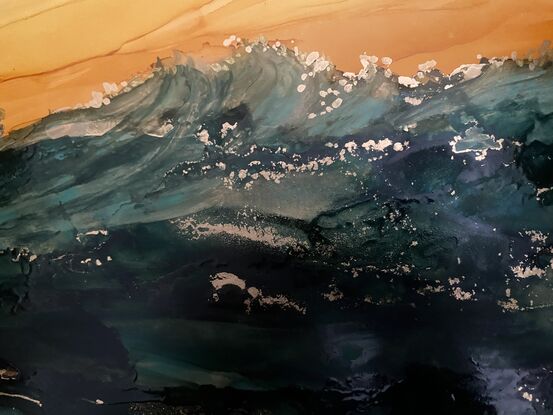 A strong expressive inks painting in shades of orange and green depicting the ebb and flow of the surging ocean,