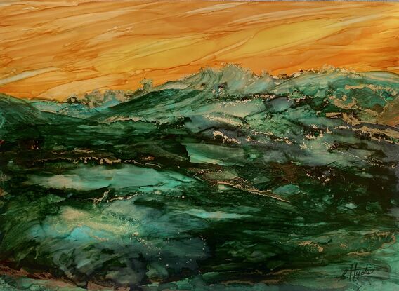 A strong expressive inks painting in shades of orange and green depicting the ebb and flow of the surging ocean,