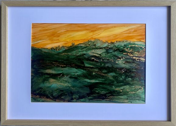 A strong expressive inks painting in shades of orange and green depicting the ebb and flow of the surging ocean,