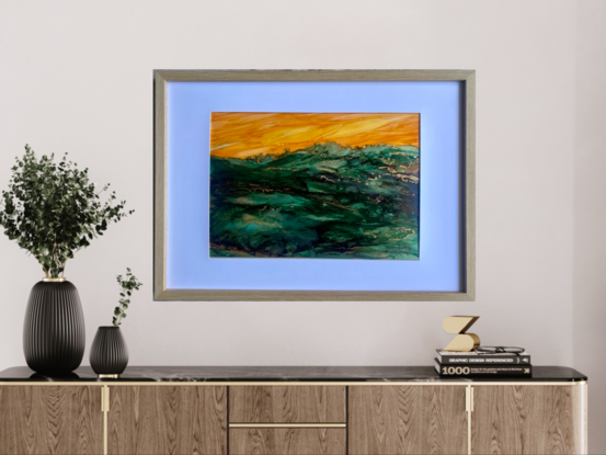 A strong expressive inks painting in shades of orange and green depicting the ebb and flow of the surging ocean,