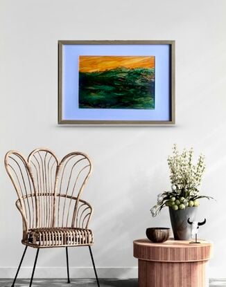 A strong expressive inks painting in shades of orange and green depicting the ebb and flow of the surging ocean,