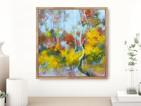 Small original landscape painting in bright Spring wildflowers featuring yellow Australian wattle. By Victoria Collins.