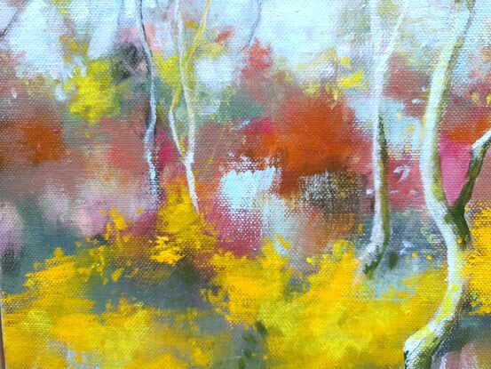 Small original landscape painting in bright Spring wildflowers featuring yellow Australian wattle. By Victoria Collins.