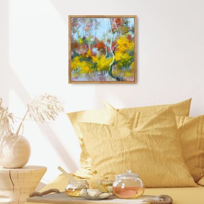 Small original landscape painting in bright Spring wildflowers featuring yellow Australian wattle. By Victoria Collins.