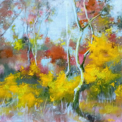 Small original landscape painting in bright Spring wildflowers featuring yellow Australian wattle. By Victoria Collins.