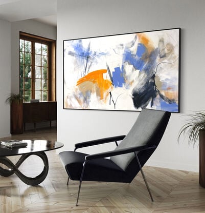 bold marks and colour fields in orange, peach, apricot, beige, white, blue and grey across a large canvas