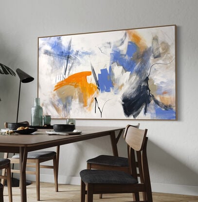 bold marks and colour fields in orange, peach, apricot, beige, white, blue and grey across a large canvas