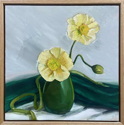 Still life of poppies in green vase