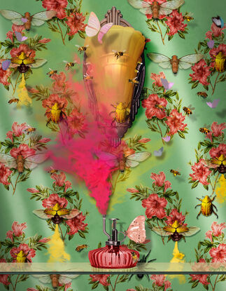 bugs and bees flying around a fragrance bottle with flowery wallpaper