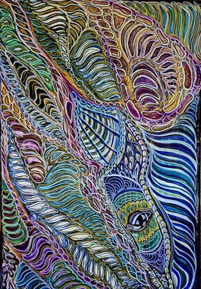 A dragon  depicted in a painting, embellished with an array of colorful swirls, creating a lively and captivating visual effect.
french blue, , jade, aqua and teal.