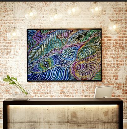 A dragon  depicted in a painting, embellished with an array of colorful swirls, creating a lively and captivating visual effect.
french blue, , jade, aqua and teal.