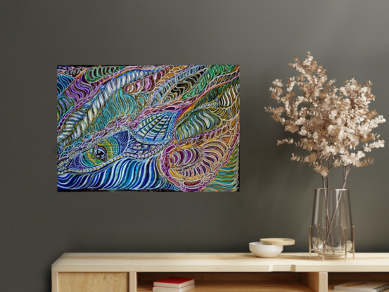 A dragon  depicted in a painting, embellished with an array of colorful swirls, creating a lively and captivating visual effect.
french blue, , jade, aqua and teal.