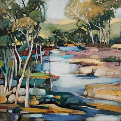 Australian Landscape depicting gum trees along a creek bed.