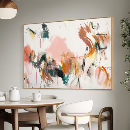 neutral and subtle pinks and apricot, orange tones blended with areas of blush, sage, grey, white and black expressive marks across an extra large canvas