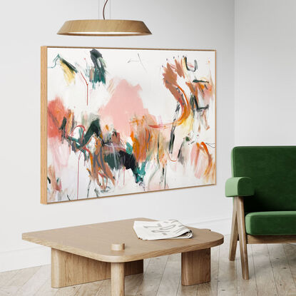 neutral and subtle pinks and apricot, orange tones blended with areas of blush, sage, grey, white and black expressive marks across an extra large canvas