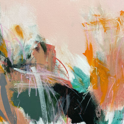 neutral and subtle pinks and apricot, orange tones blended with areas of blush, sage, grey, white and black expressive marks across an extra large canvas