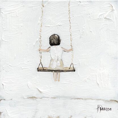 Original Figurative Farmhouse Painting featuring a young girl on a swing. 
