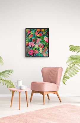 This painting, using acrylic on canvas, is bursting with vibrant colors and layered textures. The acrylic medium allows for a dynamic application of colors—bright greens, pinks, reds, and blues—that seem to flow and blend into one another. The artist has used thick brushstrokes and layering techniques, creating a rich texture that gives the piece depth. Some areas appear to be built up with multiple layers of paint, while others are more fluid, allowing the background colors to peek through, which adds a sense of movement and complexity. The layering highlights the intricate details in the abstract forms of flowers and foliage, giving the work a lush, almost tactile quality. The interplay between texture and color draws the viewer in, inviting exploration of the many layers of detail within the composition.