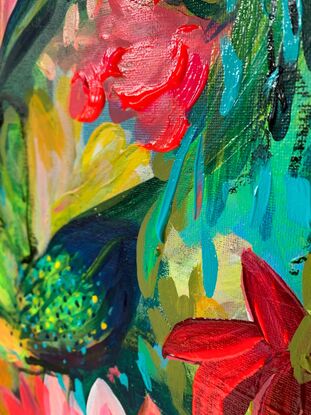 This painting, using acrylic on canvas, is bursting with vibrant colors and layered textures. The acrylic medium allows for a dynamic application of colors—bright greens, pinks, reds, and blues—that seem to flow and blend into one another. The artist has used thick brushstrokes and layering techniques, creating a rich texture that gives the piece depth. Some areas appear to be built up with multiple layers of paint, while others are more fluid, allowing the background colors to peek through, which adds a sense of movement and complexity. The layering highlights the intricate details in the abstract forms of flowers and foliage, giving the work a lush, almost tactile quality. The interplay between texture and color draws the viewer in, inviting exploration of the many layers of detail within the composition.