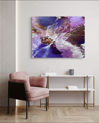 Hard to describe but it’s full of emotions heavy purple and pink patterns flowing in to feather like white shapes giving the painting lightness 