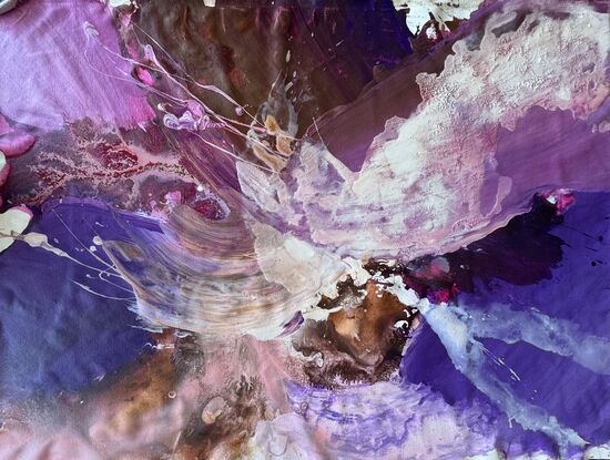 Hard to describe but it’s full of emotions heavy purple and pink patterns flowing in to feather like white shapes giving the painting lightness 