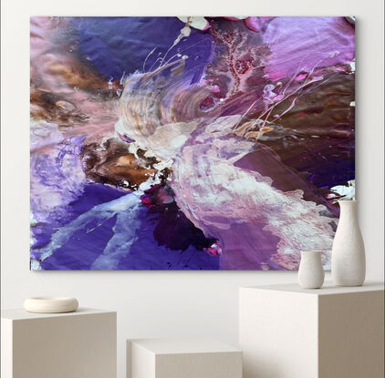 Hard to describe but it’s full of emotions heavy purple and pink patterns flowing in to feather like white shapes giving the painting lightness 