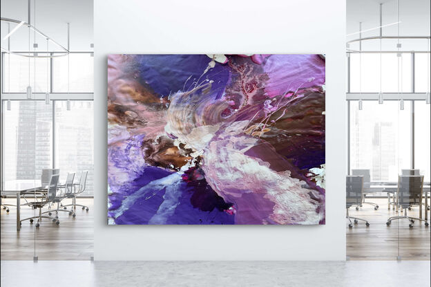 Hard to describe but it’s full of emotions heavy purple and pink patterns flowing in to feather like white shapes giving the painting lightness 