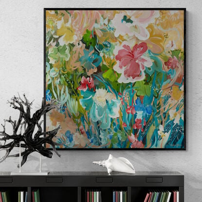 colourful abstract flower original painting of a garden landscape with flowers blooming