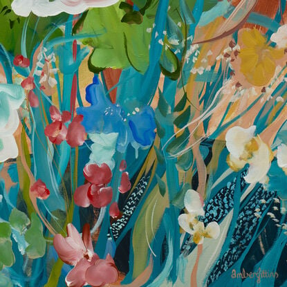 colourful abstract flower original painting of a garden landscape with flowers blooming