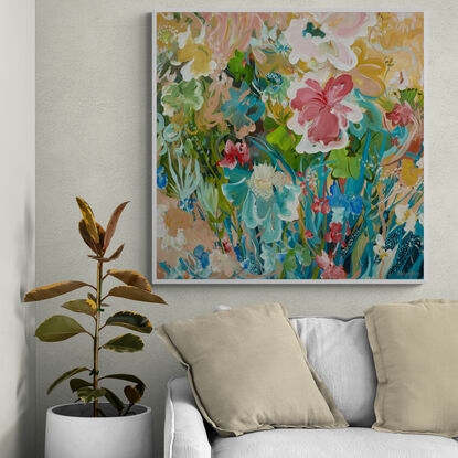 colourful abstract flower original painting of a garden landscape with flowers blooming