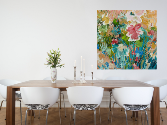 colourful abstract flower original painting of a garden landscape with flowers blooming