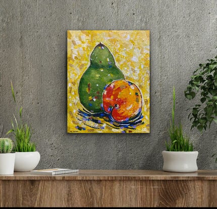 A ripe peach and pear sitting together just asking to be painted in their perfect imperfection with dashes of colour to add to the fun and bring the bright colours together. A modern still life to bring energy and colour to your room and a smile to your face. The soft green of the pear and the bright red orange of the peach against a glowing yellow background with gold highlights. 