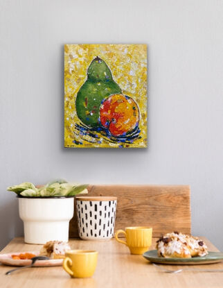 A ripe peach and pear sitting together just asking to be painted in their perfect imperfection with dashes of colour to add to the fun and bring the bright colours together. A modern still life to bring energy and colour to your room and a smile to your face. The soft green of the pear and the bright red orange of the peach against a glowing yellow background with gold highlights. 