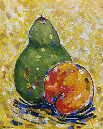 A ripe peach and pear sitting together just asking to be painted in their perfect imperfection with dashes of colour to add to the fun and bring the bright colours together. A modern still life to bring energy and colour to your room and a smile to your face. The soft green of the pear and the bright red orange of the peach against a glowing yellow background with gold highlights. 