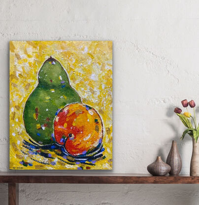 A ripe peach and pear sitting together just asking to be painted in their perfect imperfection with dashes of colour to add to the fun and bring the bright colours together. A modern still life to bring energy and colour to your room and a smile to your face. The soft green of the pear and the bright red orange of the peach against a glowing yellow background with gold highlights. 