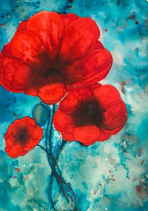 Remembrance 2. This is the second in a series of poppies for 
remembrance.. Their colour mimics the blood shed on the battlefields, and is 
recognised worldwide as representing fallen soldiers from any war zone. How sad 
such a beautiful flower signifies so much heartbreak and soroow. Created using 
only 2 colours of calligraphy ink on  paper. Room displays @insituartroom