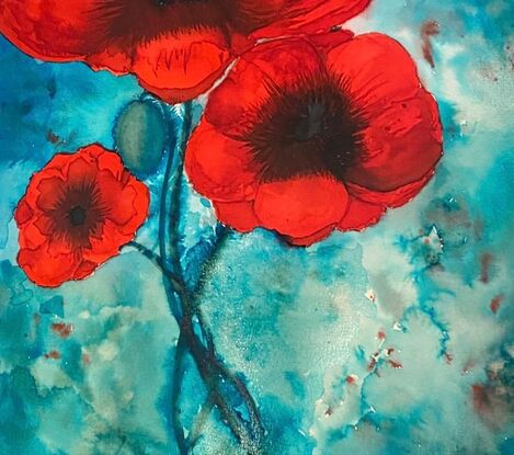 Remembrance 2. This is the second in a series of poppies for 
remembrance.. Their colour mimics the blood shed on the battlefields, and is 
recognised worldwide as representing fallen soldiers from any war zone. How sad 
such a beautiful flower signifies so much heartbreak and soroow. Created using 
only 2 colours of calligraphy ink on  paper. Room displays @insituartroom