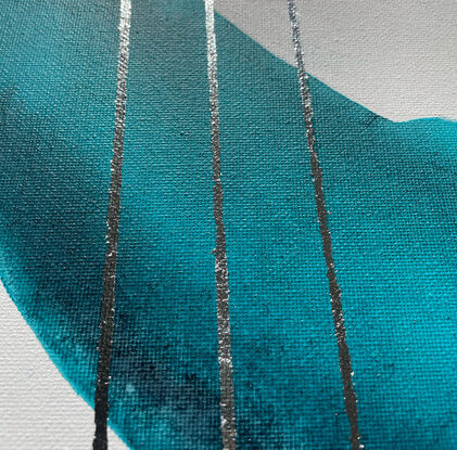 Triptych  painting with soft curved turquoise and navy shapes with silver lines