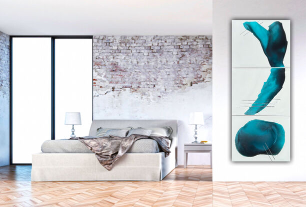 Triptych  painting with soft curved turquoise and navy shapes with silver lines