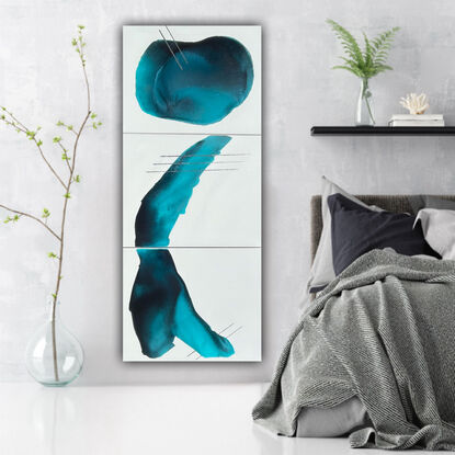 Triptych  painting with soft curved turquoise and navy shapes with silver lines