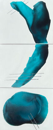 Triptych  painting with soft curved turquoise and navy shapes with silver lines