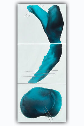 Triptych  painting with soft curved turquoise and navy shapes with silver lines