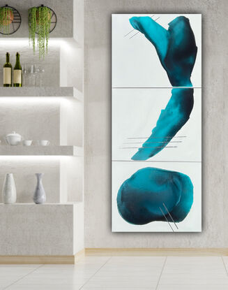 Triptych  painting with soft curved turquoise and navy shapes with silver lines