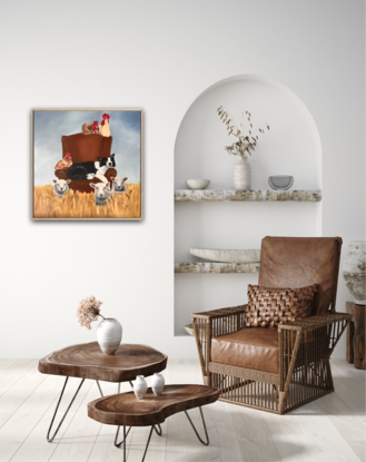 Old dog snoozing on a chair whilst farm animals party around it.  Wheat field, chair, chickens sheep, and dog. 