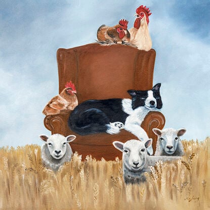 Old dog snoozing on a chair whilst farm animals party around it.  Wheat field, chair, chickens sheep, and dog. 