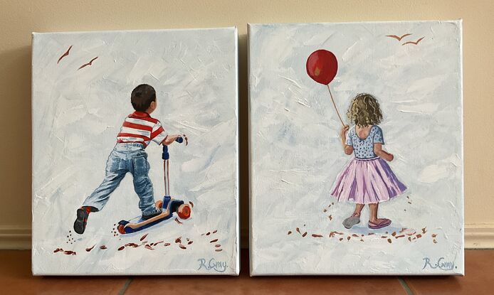 A boy with red striped tshirt riding a scooter and a girl in a tutu with a red balloon